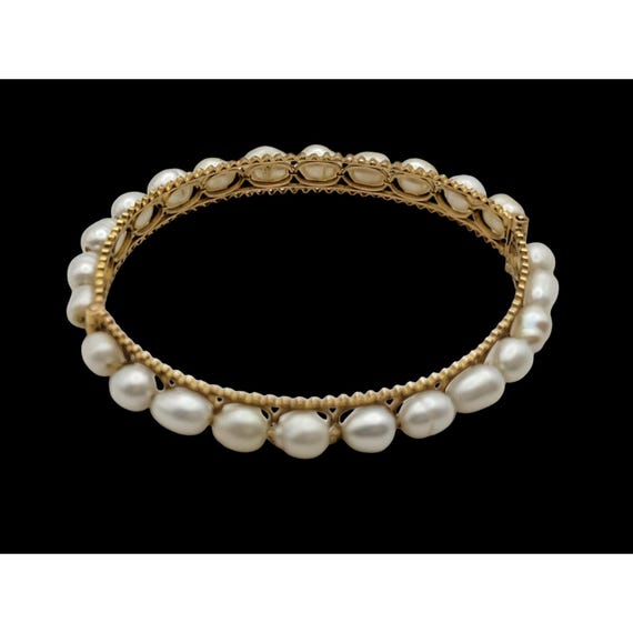 Vintage Gold & Pearl Bangle Bracelet 6 1/2 " Elegant Design
