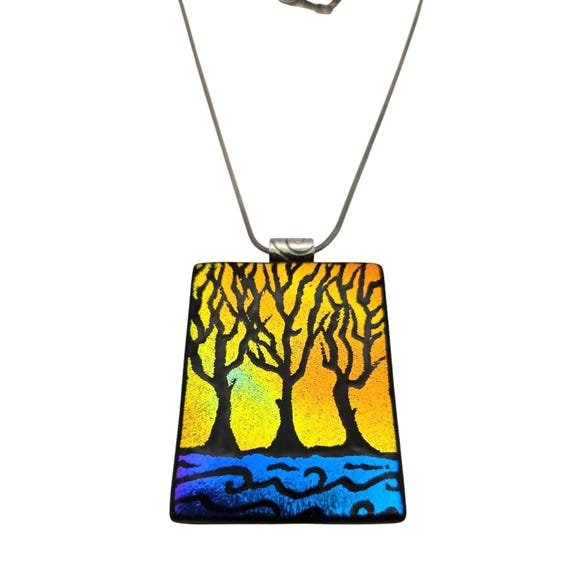 Dichroic Glass Sunset & Forest Pendant Necklace