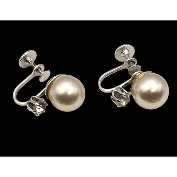 Vtg Coro Faux Pearl Rhinestone Screw Back Earrings 10mm