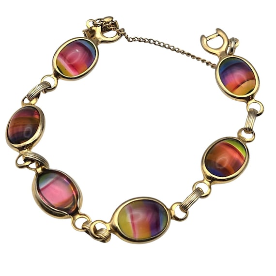 Vtg Sarah Coventry Gold Tone Bracelet W/ Multicolor Art Glass Cabochons Chain Safety Clasp