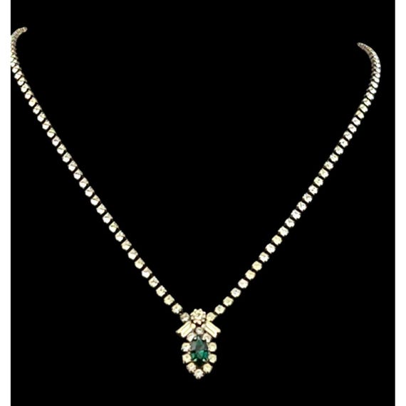 Vintage Art Deco Rhinestone Necklace With Green Marquise Pendant 16 1/2 "