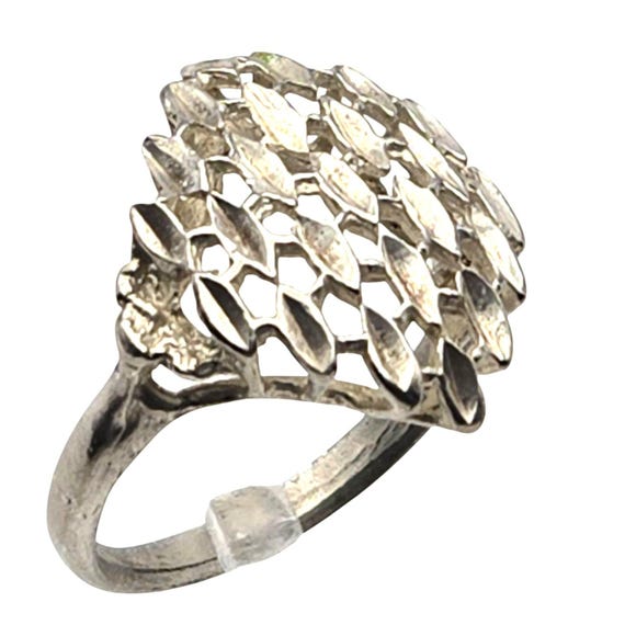 Sterling Bright Cut Geometric Vintage Ring Size 7 Openwork Design Elegant Silver Statement Jewelry