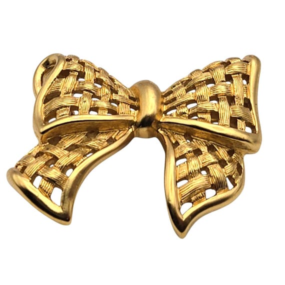 Vtg Monet Gold-Tone Basket Weave Bow Brooch