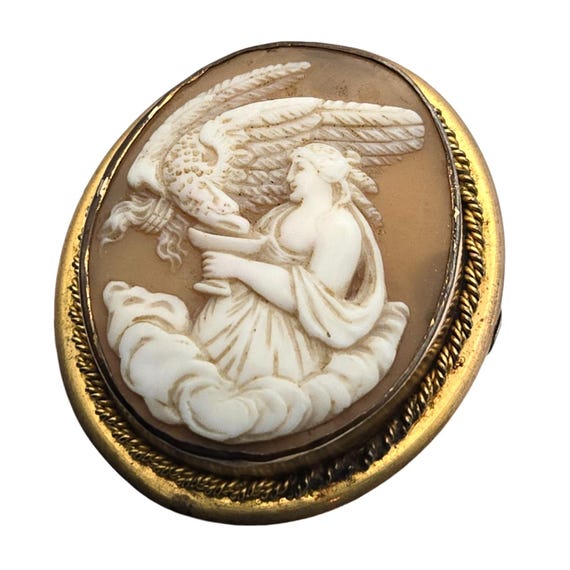 Vintage Carved Shell Cameo Brooch/Pendant With Lady & Eagle Design Gold-Tone Frame
