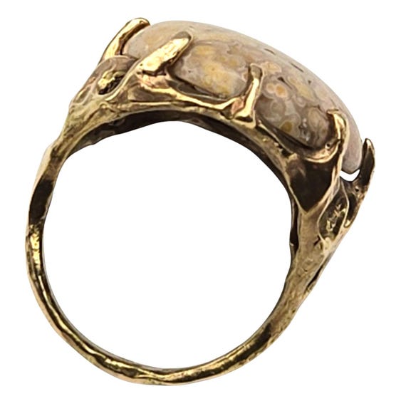 Vtg 14 Kt Yellow Gold Handmade Unisex Agate Ring Size 6.5 With Oval Cabochon 9.92 Grams