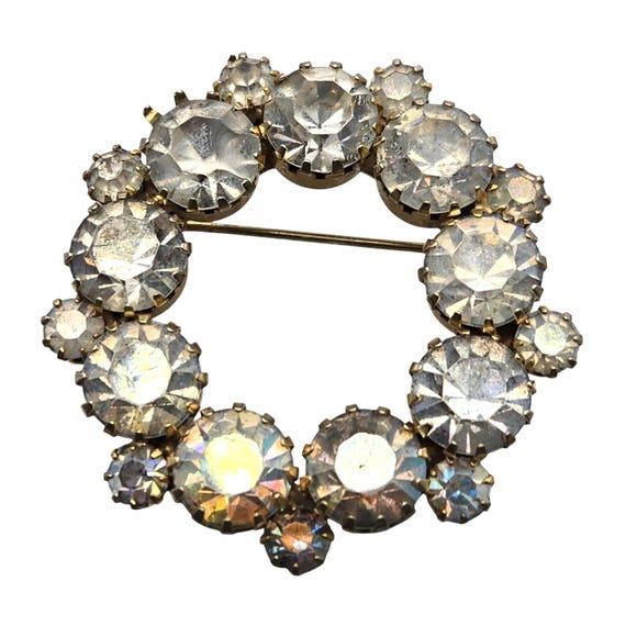 Vintage Aurora Borealis Rhinestone Circle Brooch 1 1/2 " X 1 1/2 "