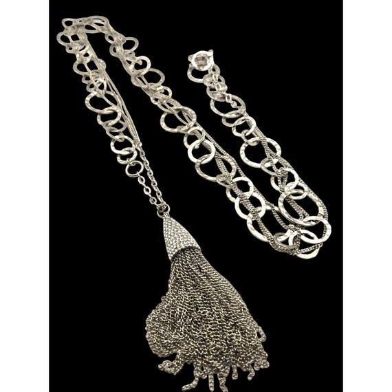 Vtg Long Silver Tassel Pendant Chain Necklace With Rhinestone Accents 32 "