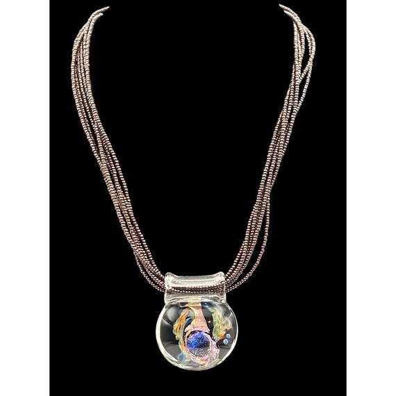 Vtg Multi-Strand Micro Bead Necklace With Art Glass Pendant 18 "