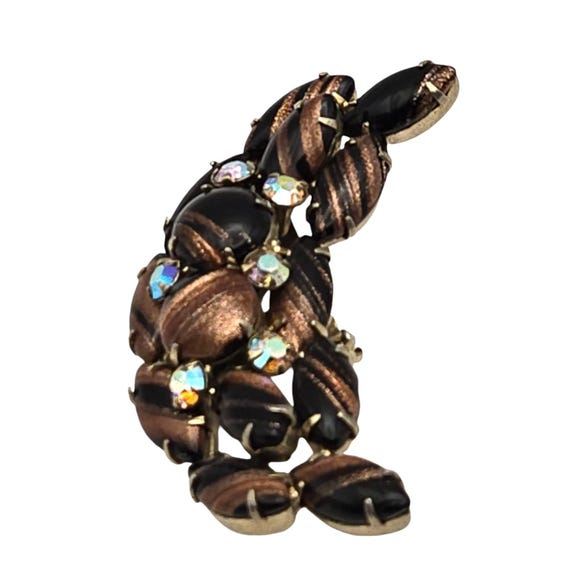 Vintage Black & Bronze Murano Glass Crescent AB Rhinestone Brooch