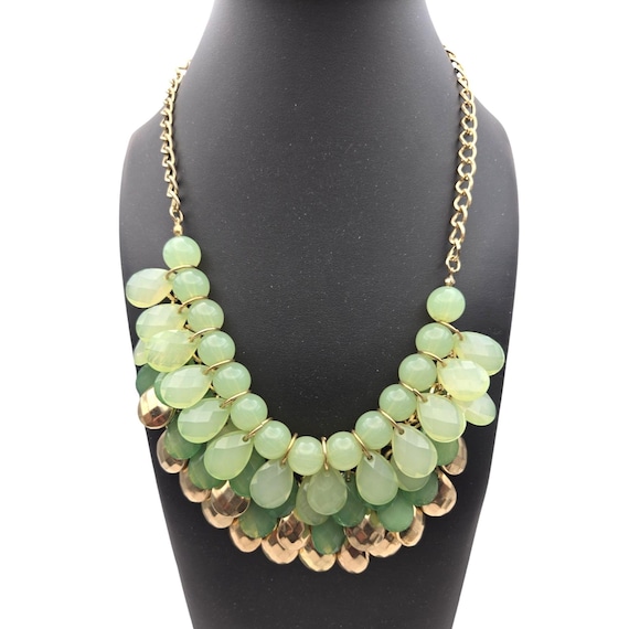 Vtg Jade Green Lucite Crystal Bib Necklace With Gold Accent 18 " w/ 3 " Ext.