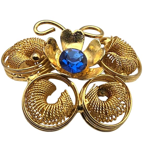 Vintage Gold-Tone Filigree Flower Brooch With Blue Rhinestone Center 1 3/4 " X 1 1/2 "