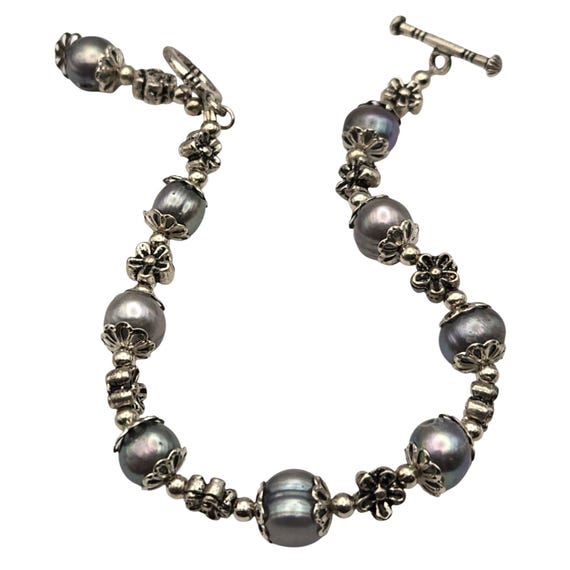 Vintage Silver & Black Pearl Beaded Bracelet With Floral Accents 7" Toggle Clasp
