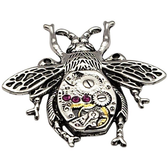 Vtg Sterling Silver Bumble Bee Pendant With Watchworks & Faux Ruby CZ Accents 1 3/8" x 1 1/2" With Gold Details