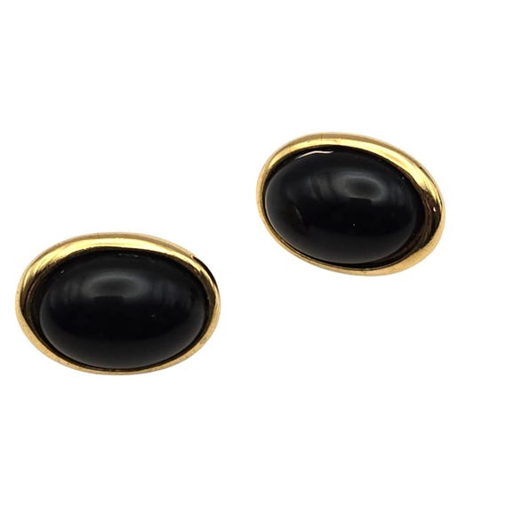 Vtg Trifari Black Cabochon Oval Stud Earrings Gold-Tone Avant Garde Design 3/4 " x 5/8 "