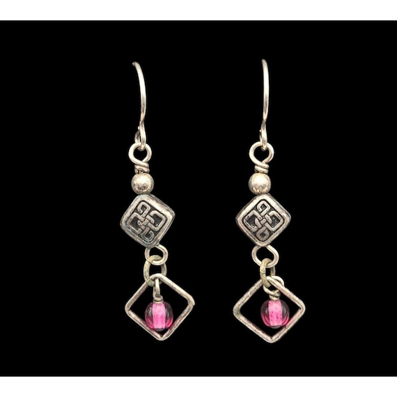 Vintage Silver Dangle Earrings With Pink Glass Beads & Geometric Charms 3 /8 " X 1 "