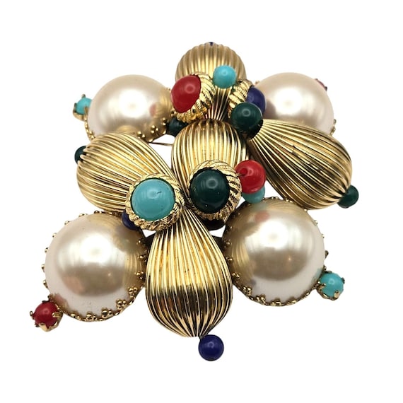 Vtg Arnold Scaasi Gold-Tone Brooch/Pendant W/ Faux Pearls & Multicolor Beads Designer Brooch