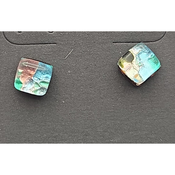 Vintage Art Glass Square Stud Earrings Multicolor 1/4 Inch