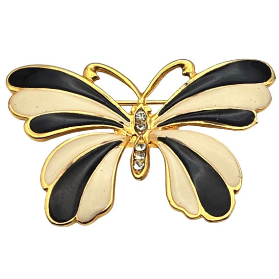 Vtg Gold-Tone Butterfly Brooch With Cream - Black Enamel Wings & Rhinestone Accents 1 7/8 " x 1 1/4 "