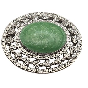 Vtg Silver Tone Green Swirl Cabochon Pendant / Brooch With Intricate Filigree Design
