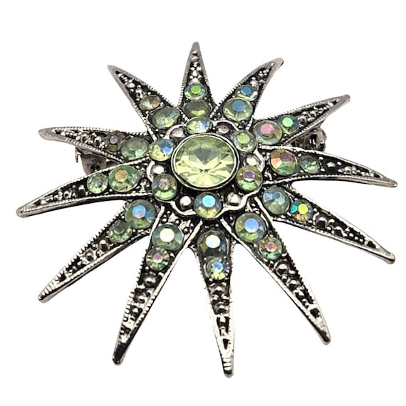 Vintage Starburst Rhinestone Brooch Pin With Green & Iridescent Stones Silver-Tone Metal 2 " X 2 "