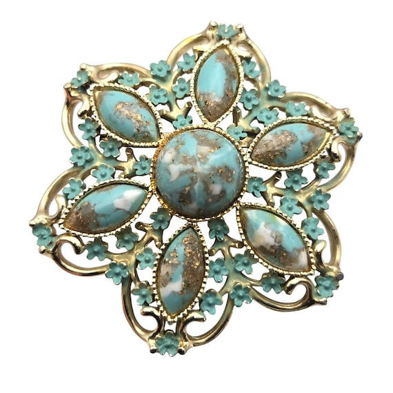 Vintage Marbled Glass & Enamel Floral Cabochon Brooch 2 1/2 "