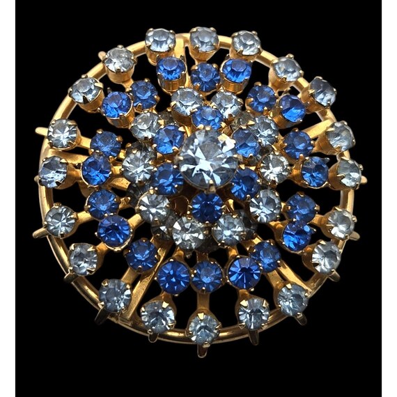 Vtg Coro Domed Blue Rhinestone Brooch Pin Gold-Tone