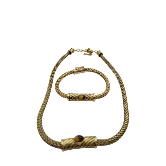 Vintage NAPIER Gold Tone Necklace & Bracelet Set With Amber Cabochon Accents