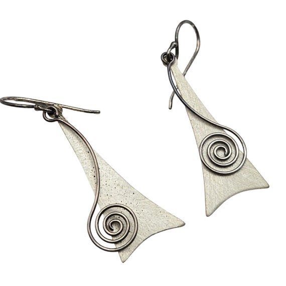 Vtg Geometric MCM Dangle Earrings Brushed Silver Futuristic Swirl Accent 2" Drop 3/8" Width Mid Century Modern Style Jewelry