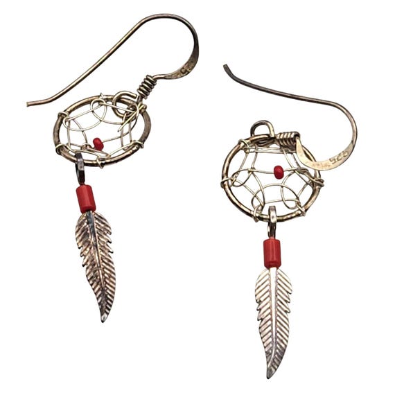 Vtg Sterling Silver Dreamcatcher Dangle Earrings W/ Feather & Red Bead Accents 1 1/2" Drop 3/8" Center Unique Design