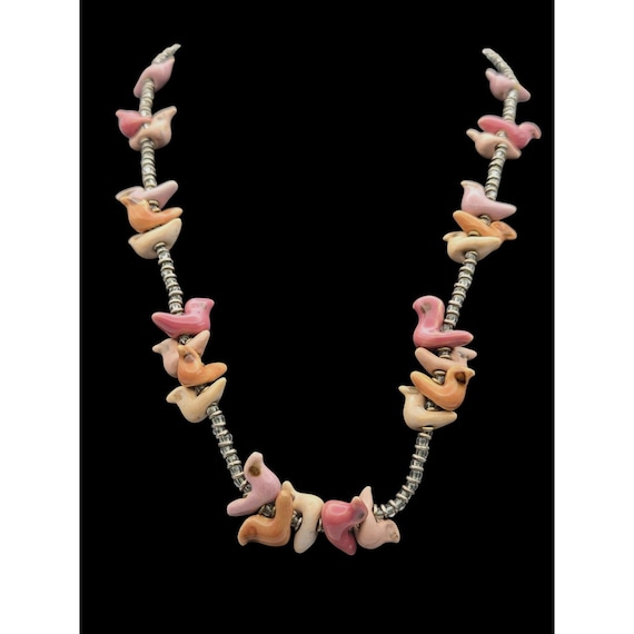 Vintage Carved Stone & Porcelain Beaded Necklace With Bird Motif