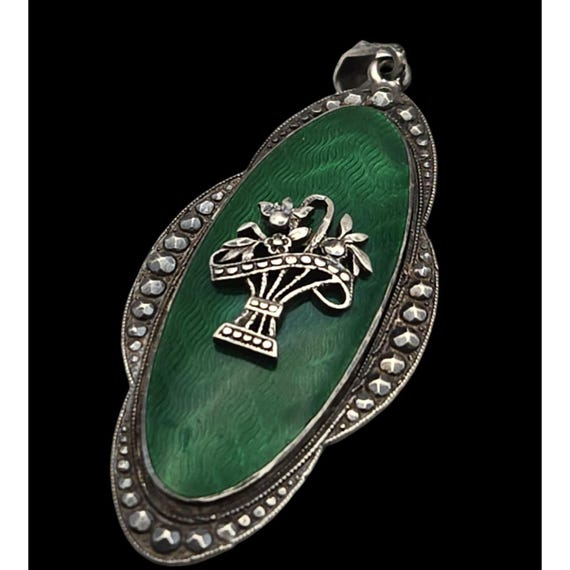 Vintage Austrian Green Guilloche Enamel Marcasite Basket Pendant Necklace