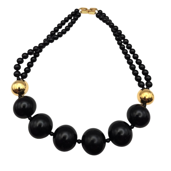 Vintage Monet Black & Gold Bauble Bead Necklace 18" Double Strand With Large - Small Beads