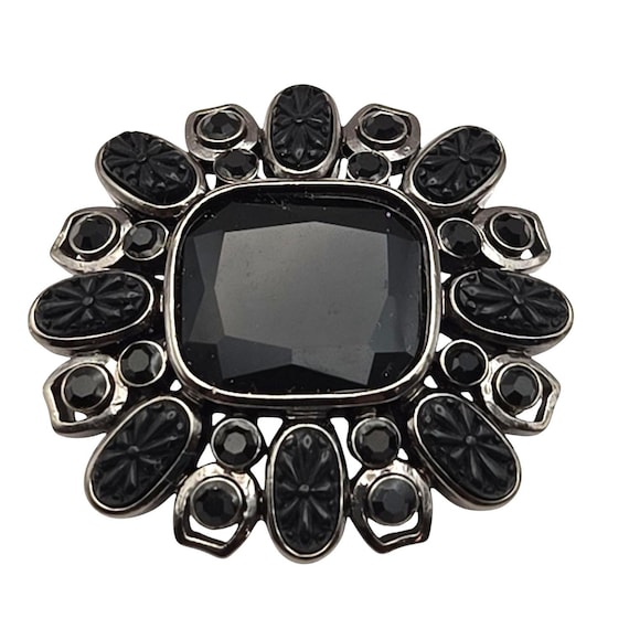 Vtg Liz Claiborne Black Crystal Floral Brooch Pin With Silver-Tone Accents