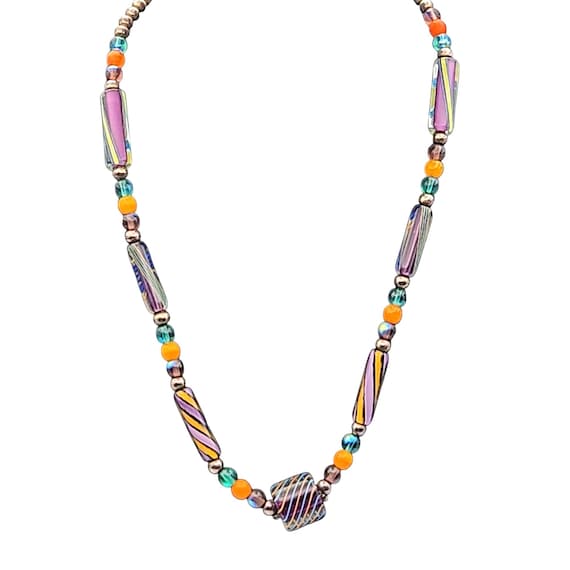Vintage Sterling Silver & Murano Twisted Art Glass Beaded Necklace 17 1/2 " w/ 2 " Ext.