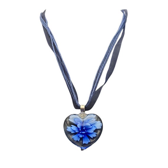 Vintage Murano Art Glass Blue Floral Heart Pendant Necklace With Ribbon Cord