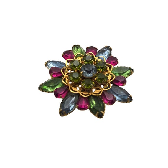 Vintage Multicolor Rhinestone Flower Brooch Pin