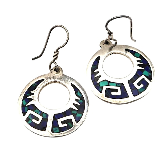 Vtg Sterling Silver 925 Mexico Lapis Turquoise Inlay Circle Dangle Earrings