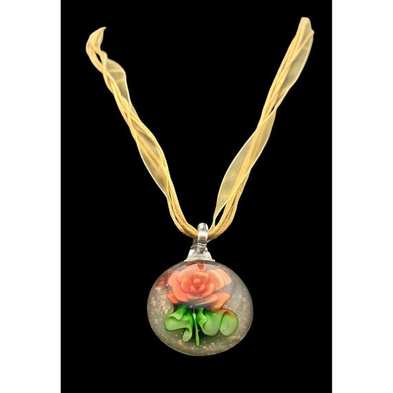 Vintage Murano Art Glass Floral Pendant Necklace With Gold Tone Ribbon Chain 10 1/2 " w/ Extension
