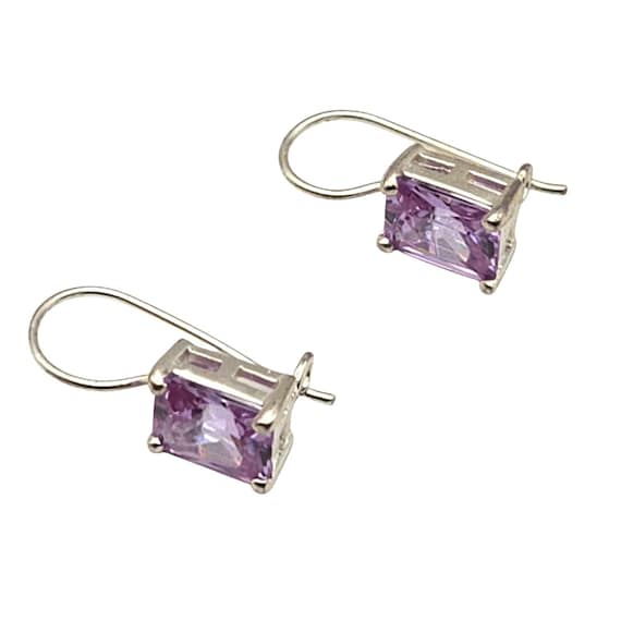 Vintage 925 Sterling Silver Purple / Pink Crystal Dangle Hook Earrings For Women