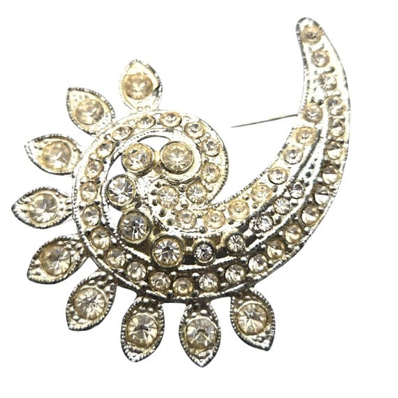Vintage Rhinestone Swirl Brooch Pin Floral Design Silver Tone Accent 2 1/2 " X 2 "