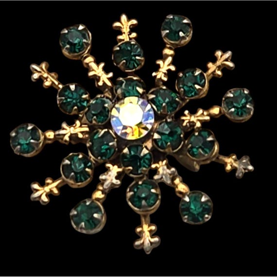 Vintage Gold-Tone Brooch With Green Rhinestones & Aurora Borealis Center