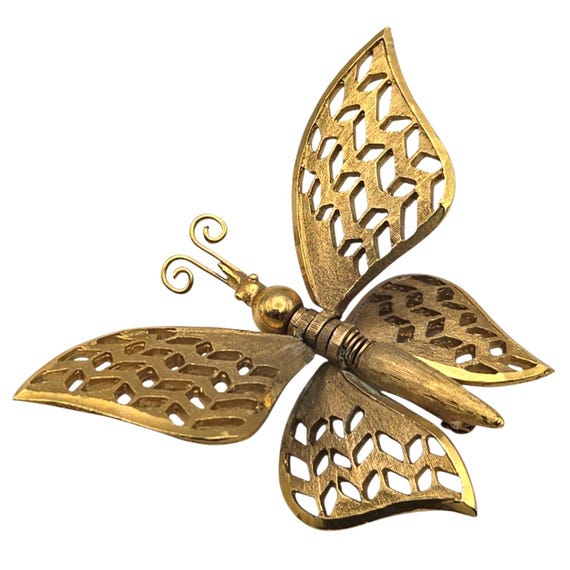 Vtg Gold Tone Brass Jointed Butterfly Brooch/Pin W/ Moveable Wings  2 1/4" X 1 1/2"