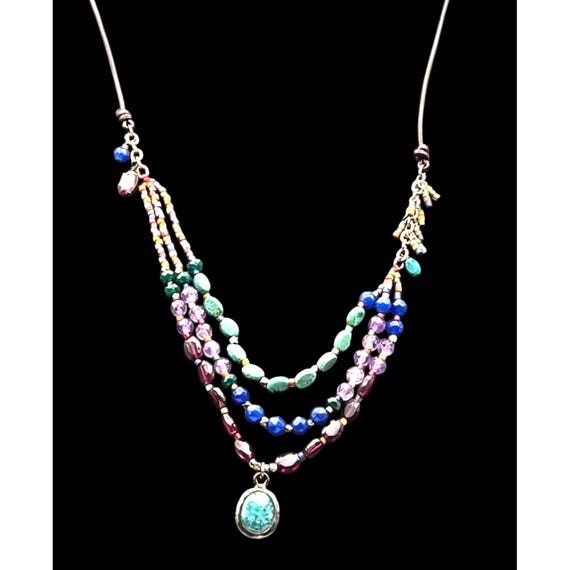 Vintage Multi-Layered Beaded Necklace With Turquoise Pendant & Mixed Glass Stones