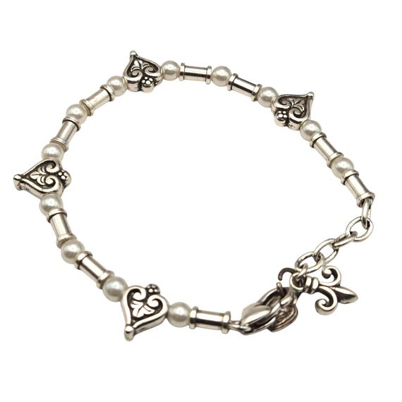 Vtg Brighton Silver Tone Beaded Bracelet W/ Barrel Beads Faux Pearl & Heart Accents Fleur De Lis Charm 7 3/4" X 3/8"