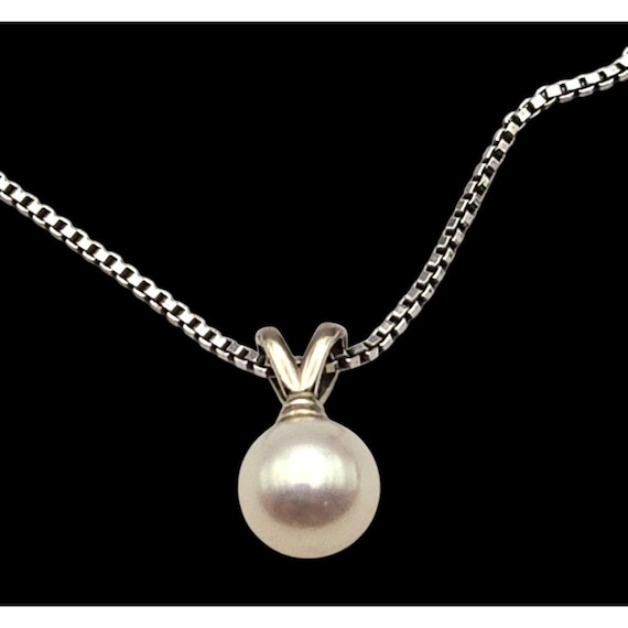 Vtg Sterling Silver Box Chain Necklace W/ Natural Pearl Pendant In 14K Gold 18" Chain & 7.38mm Lustrous Pearl