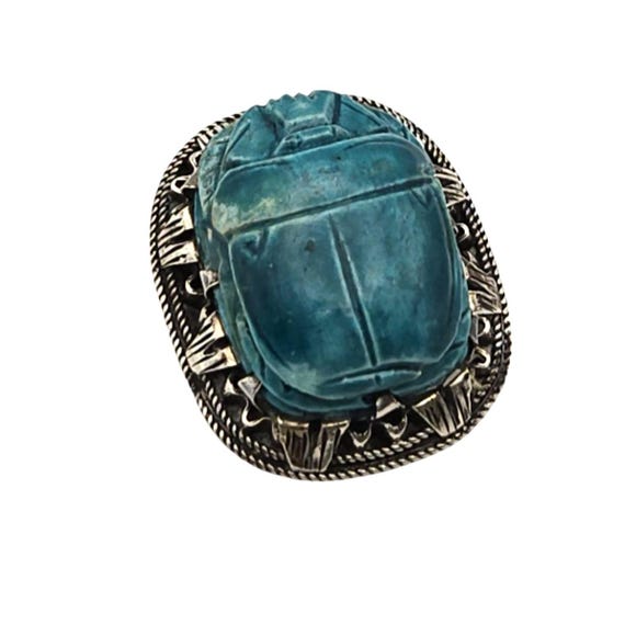 Vintage Sterling Silver & Turquoise Carved Scarab Brooch Pin