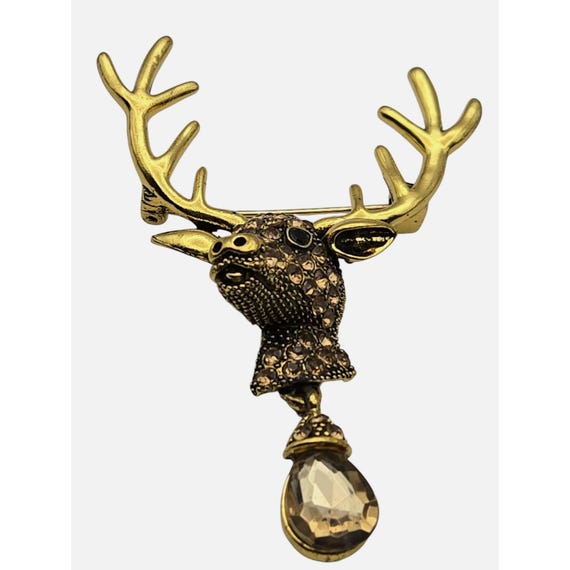 Vintage Gold Tone Deer Head Brooch With Rhinestone Accents & Teardrop Pendant