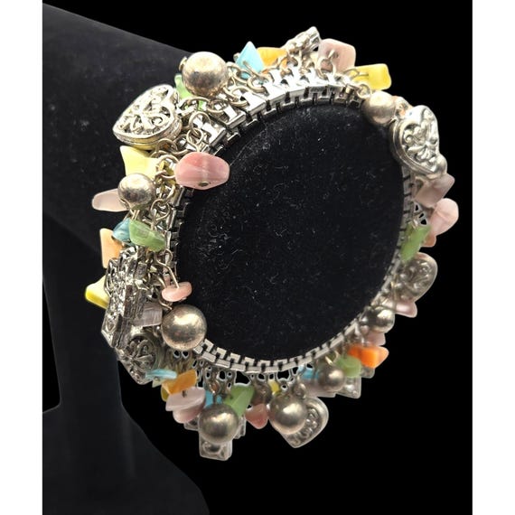 Vintage Expandable Cha Cha Bracelet - Natural Stone Beads & Cross - Heart Charms Multicolor