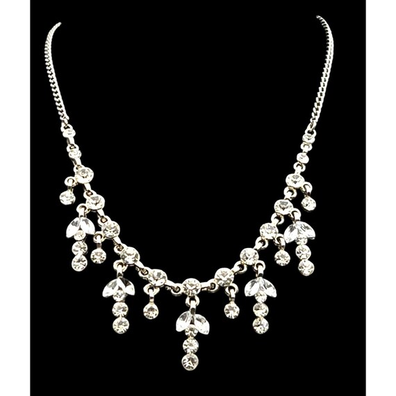 Vintage Rhinestone Bib Necklace 15" With 3" Extension Silver Tone Sparkling Crystal Dangles 1 " Each