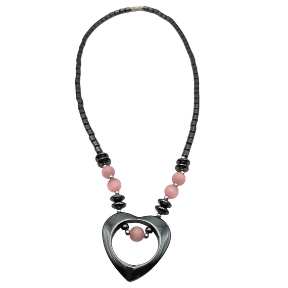 Vintage Hematite & Pink Beaded Heart Necklace With Screw Closure 17 " Valentine Gift